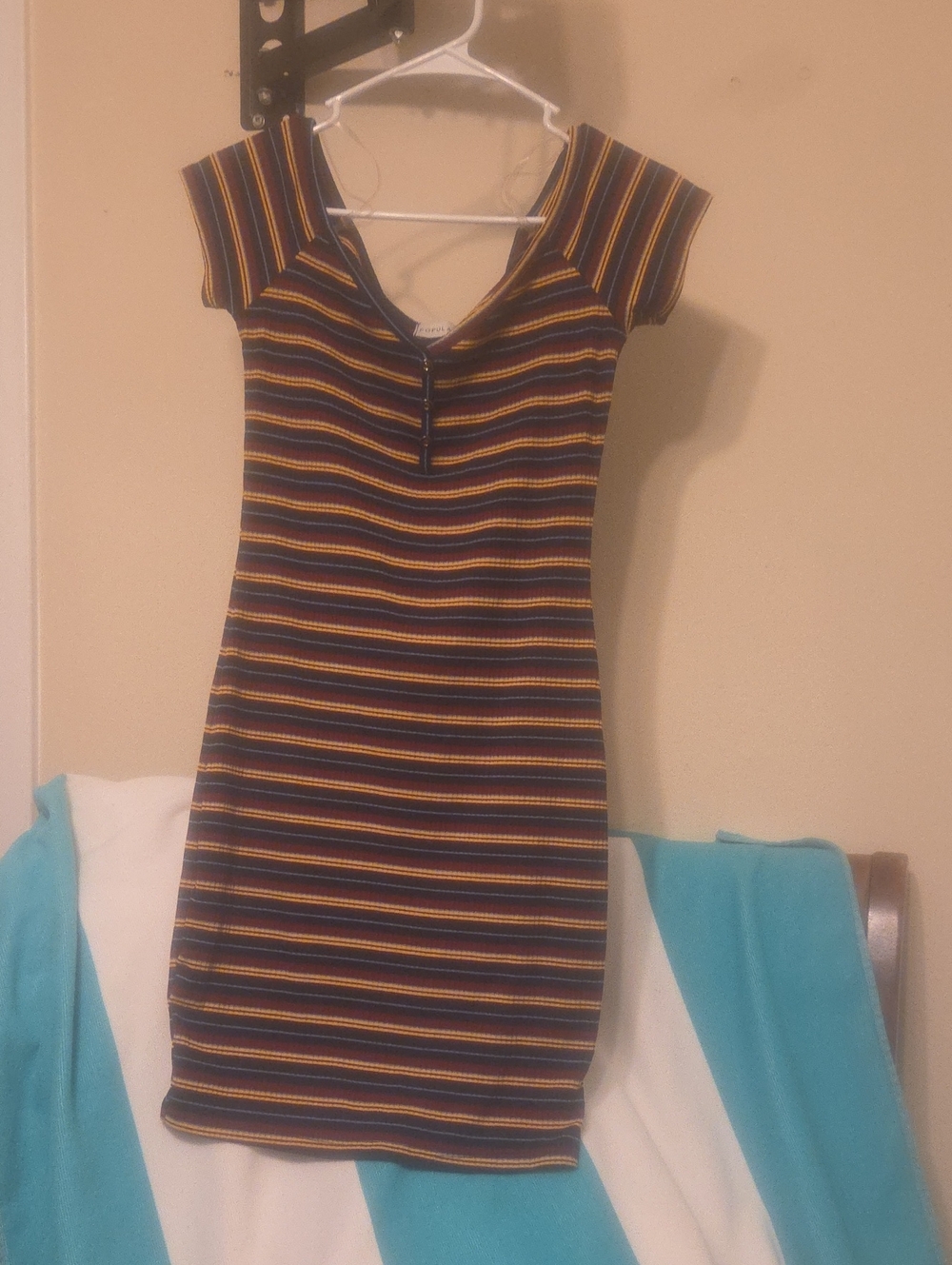 Fitted Short-Sleeve Striped Mini Dress in Navy & Mustard